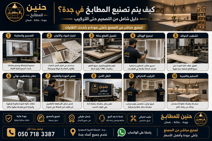 تصنيع المطابخ في جدة داخل المصنع باستخدام أحدث المعدات وخطوط الإنتاج الحديثة